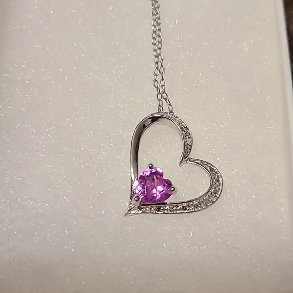 STERLING SILVER GENUINE DIAMOND LAB CREATED PINK SAPPHIRE PENDANT 18" - Picture 3 of 8